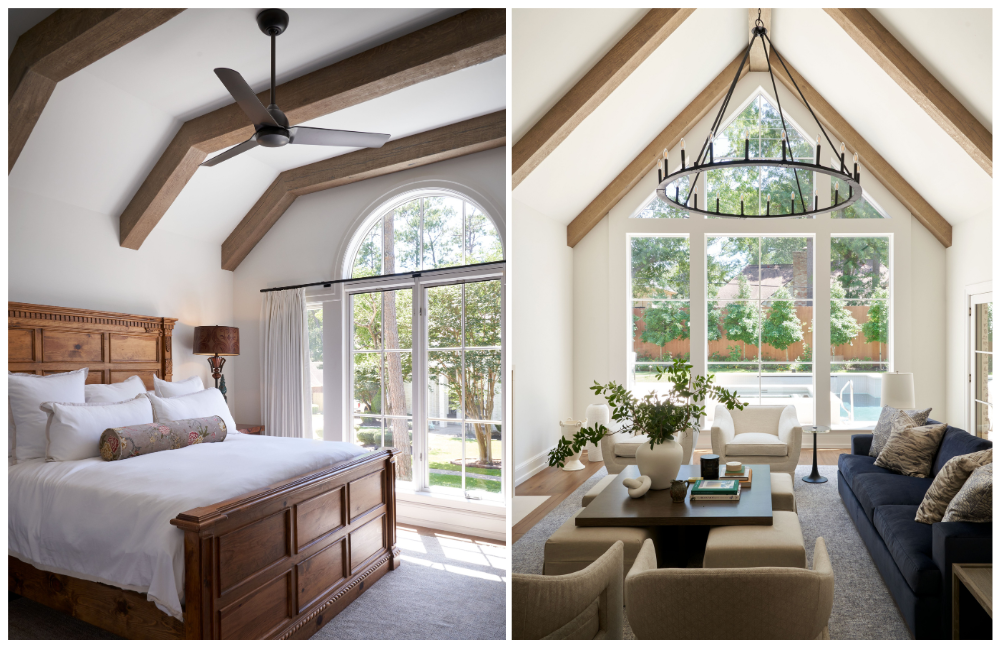 A light-filled bedroom with traditional wooden bedframe on the left and a transitional living room with circular light fixture on the right