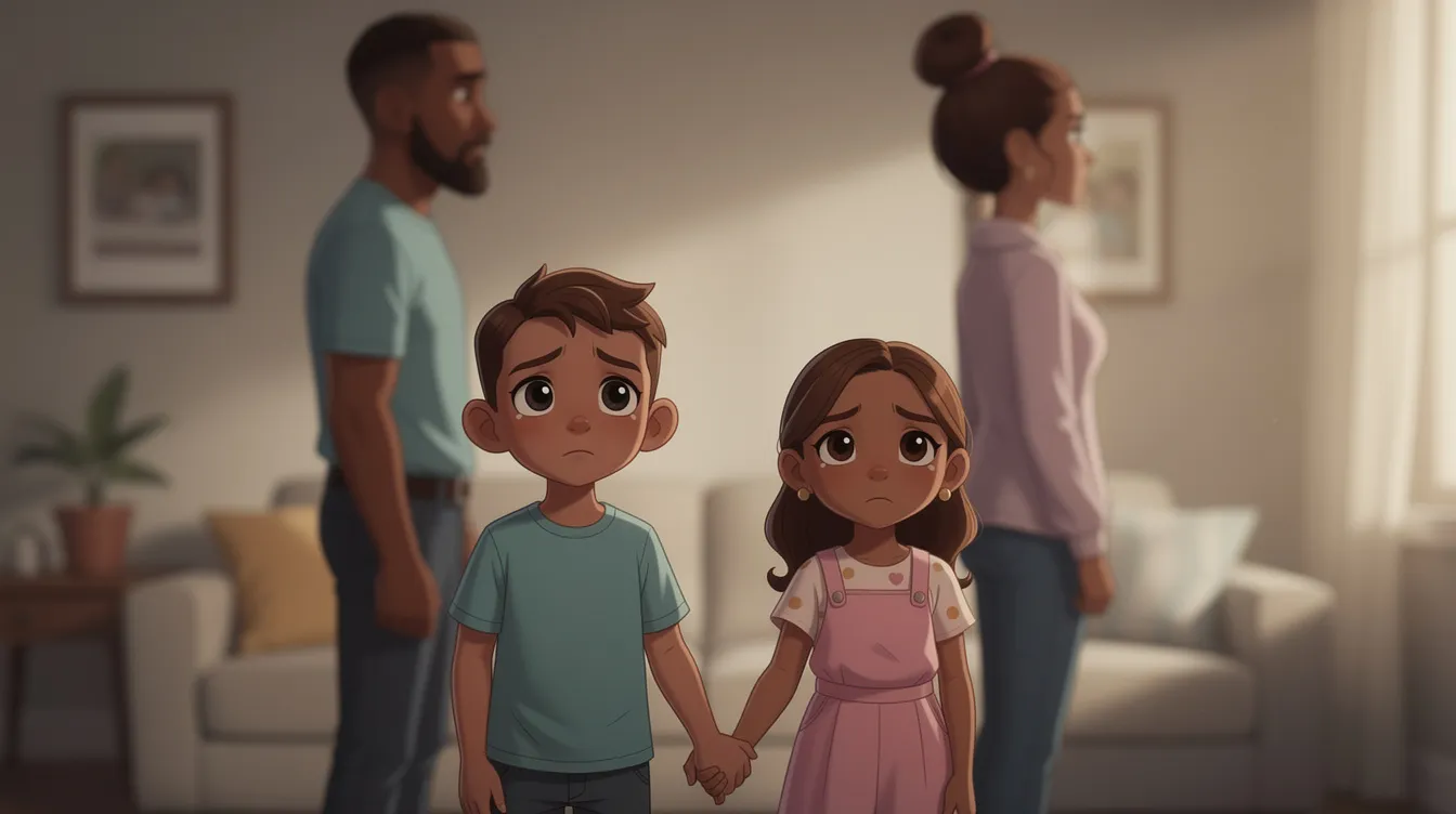 The image depicts a father and mother with brown skin, standing apart as they navigate their divorce, while their two children are in focus, showing expressions of concern. This visual highlights the emotional impact of family disputes during the mediation process, emphasizing the importance of prioritizing the children's well-being amidst the divorce settlement.