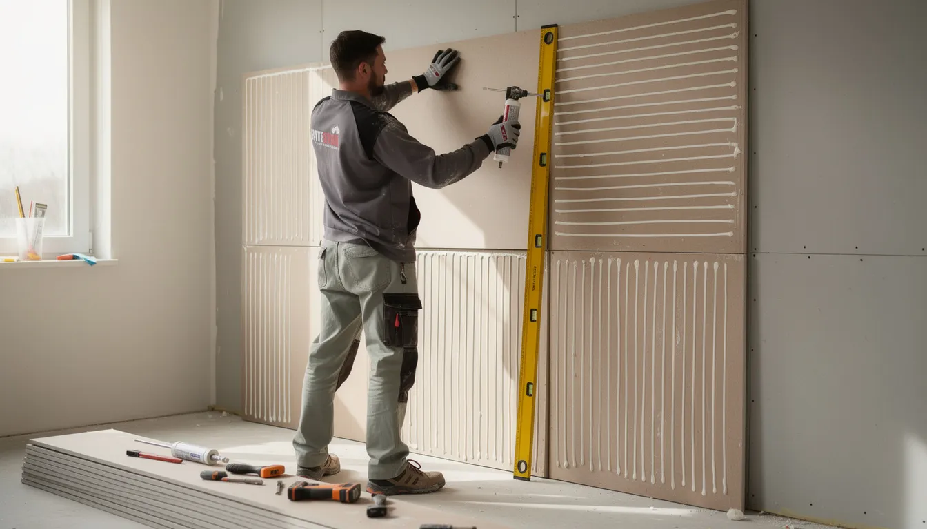 Een persoon is bezig met het monteren van wandpanelen met behulp van lijmkit en een waterpas. De wandpanelen hebben een stijlvolle afwerking en creëren een warme sfeer in de ruimte.