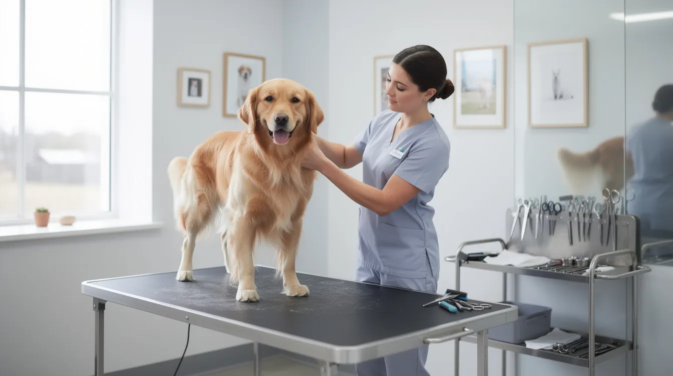 A professional pet groomer is meticulously grooming a golden retriever in a clean and modern grooming salon, showcasing the attention to detail essential for a successful small business in the pet care industry. The bright, inviting atmosphere highlights the importance of creating a welcoming space for pet owners and their furry companions.