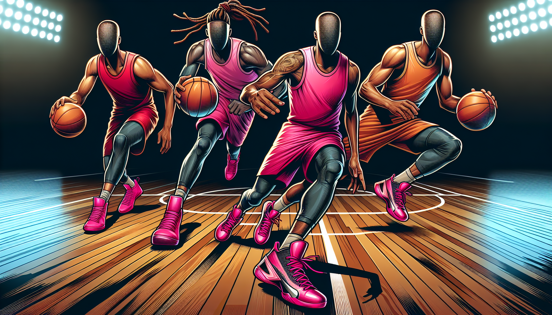 Illustration of NBA players wearing pink shoes to support breast cancer awareness