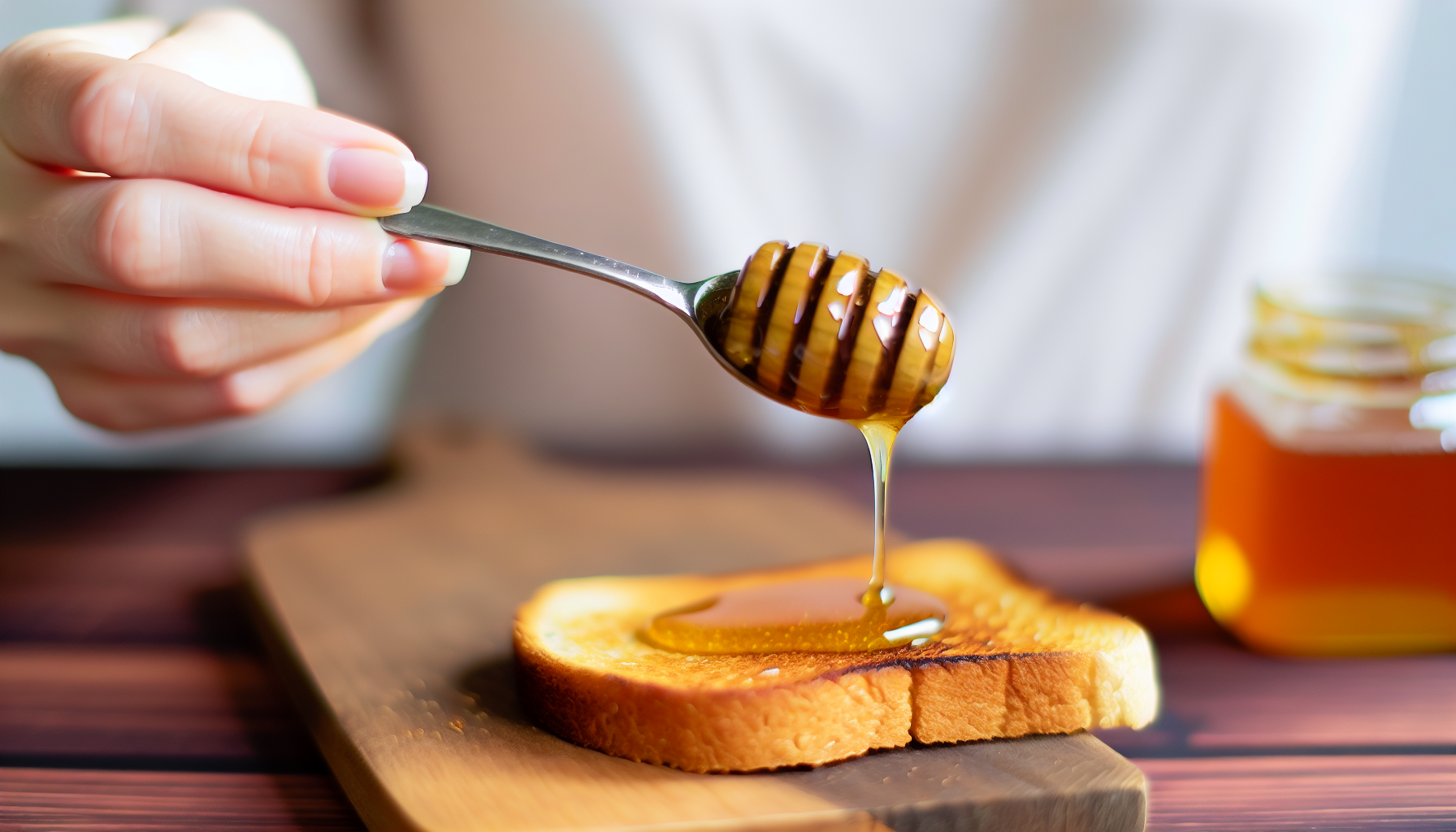 A close-up of a spoon drizzling Manuka Doctor honey over a piece of toast