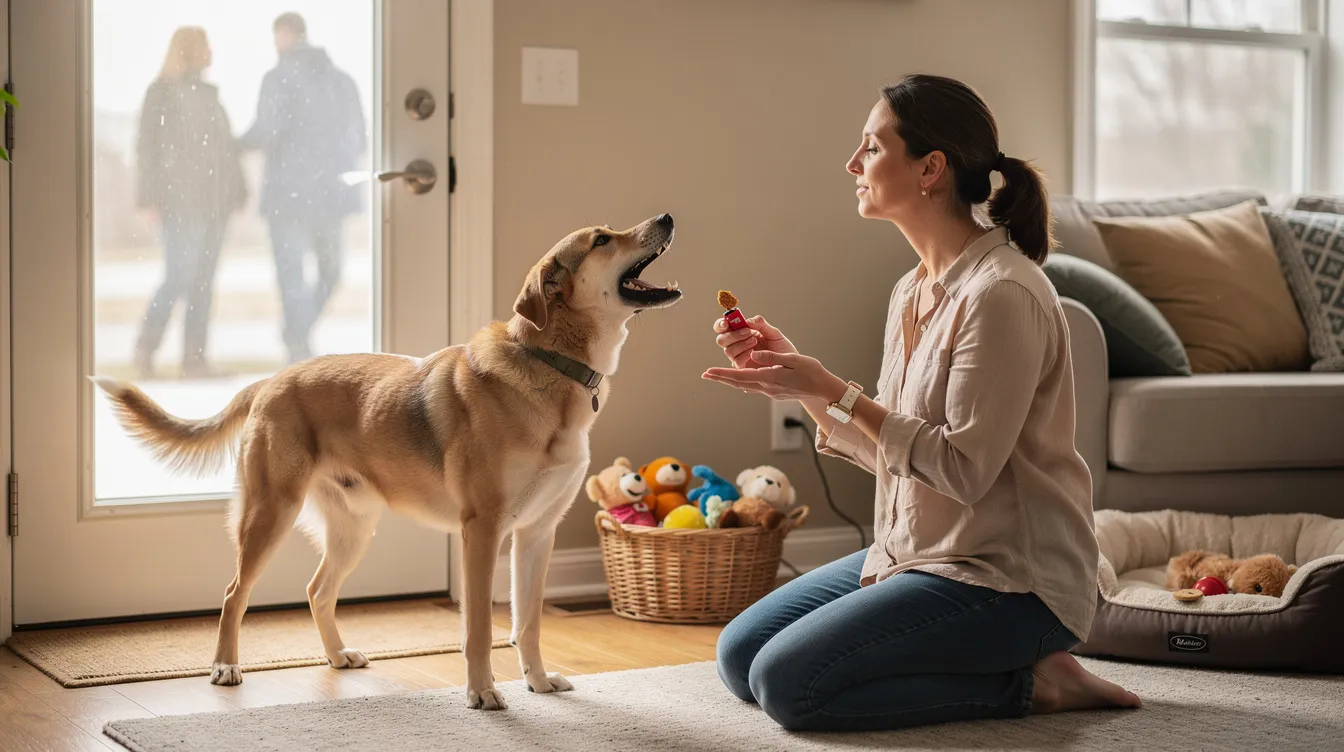 The image depicts a concerned dog owner sitting on a couch with their barking dog in front of them, surrounded by various items like dog treats and a training collar, illustrating common challenges and solutions related to excessive barking in dogs. The setting suggests a home environment, capturing the emotional connection and the efforts of pet parents to address their dog's barking behavior.