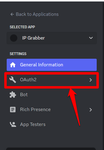 The OAuth option on the Discord developers portal website