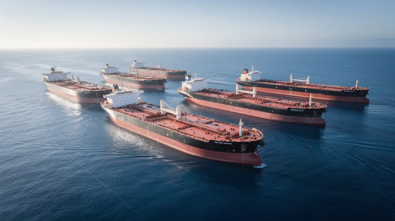 The image shows large oil tanker vessels anchored in calm blue ocean waters, symbolizing the significant role of oil exports in global politics and foreign relations, particularly in the context of the Middle East and ongoing discussions about the Iran deal.