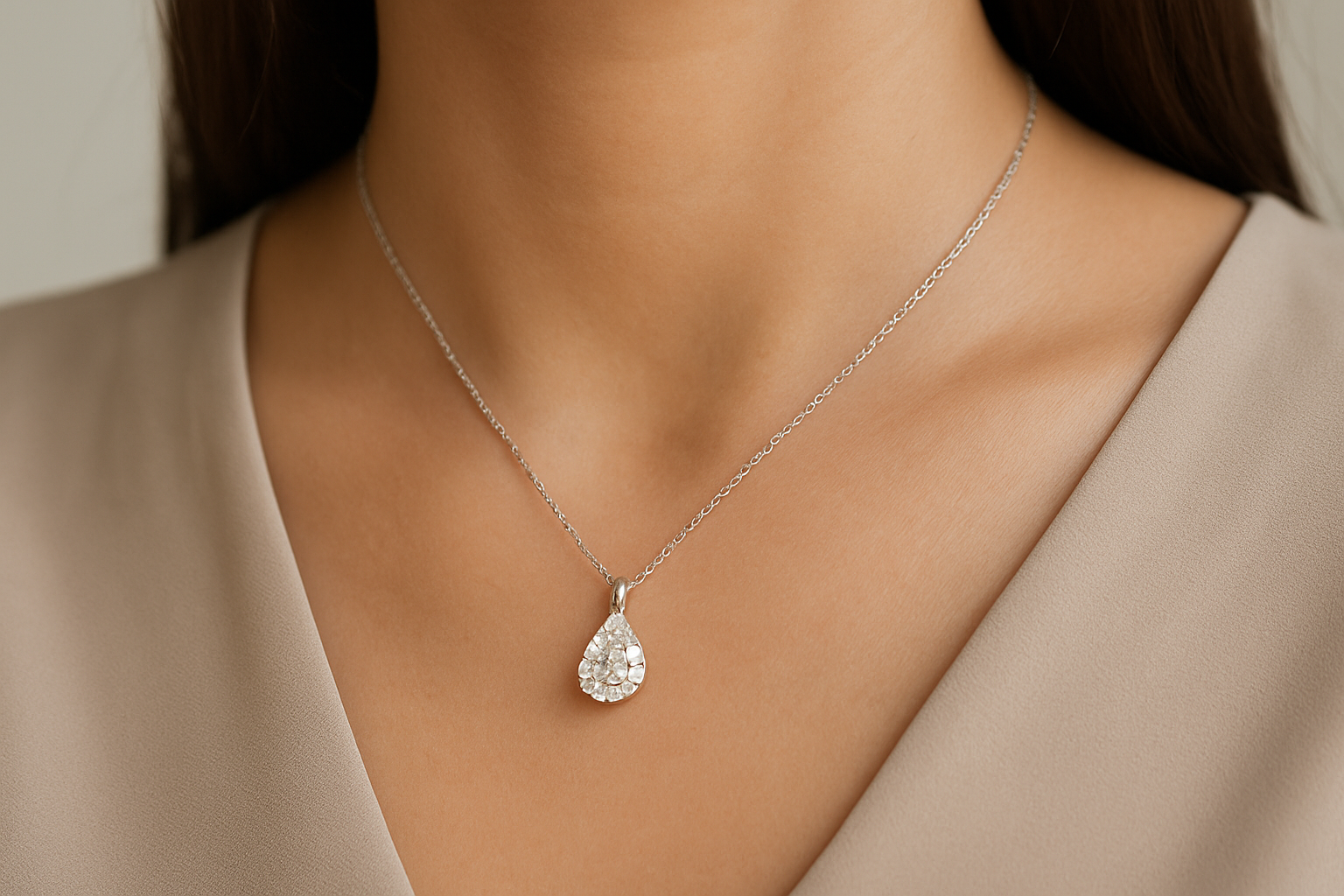 Ant moters kaklo elegantiškai kabantis pakabukas su lašo formos deimantu, įstatytas į baltą auksą, su subtilia grandinėle