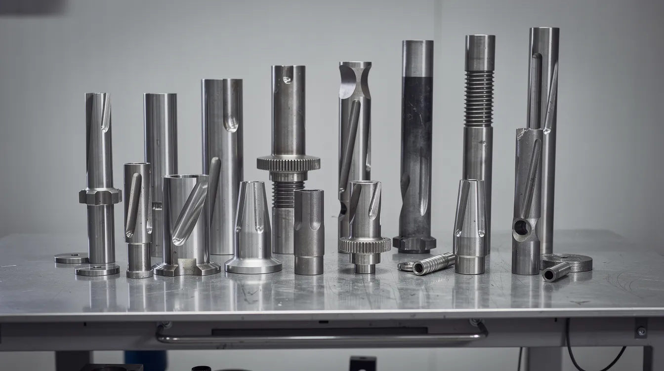 The image shows precision ground automotive shaft components meticulously arranged on an inspection table, highlighting their dimensional accuracy and surface finish achieved through various grinding processes, including plunge grinding and cylindrical grinding. Each component showcases complex geometries and multiple diameters, reflecting the high levels of detail and material removal involved in machining automotive parts.