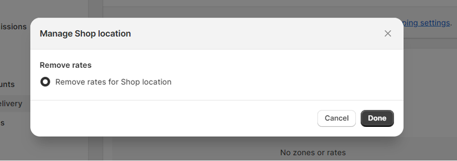Shopify dashboard - Shipping and delivery settings - Deleting shipping zones - Step 3