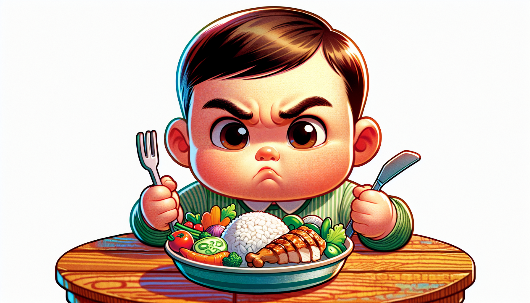 Cartoon image of a child making a face while looking at different types of food