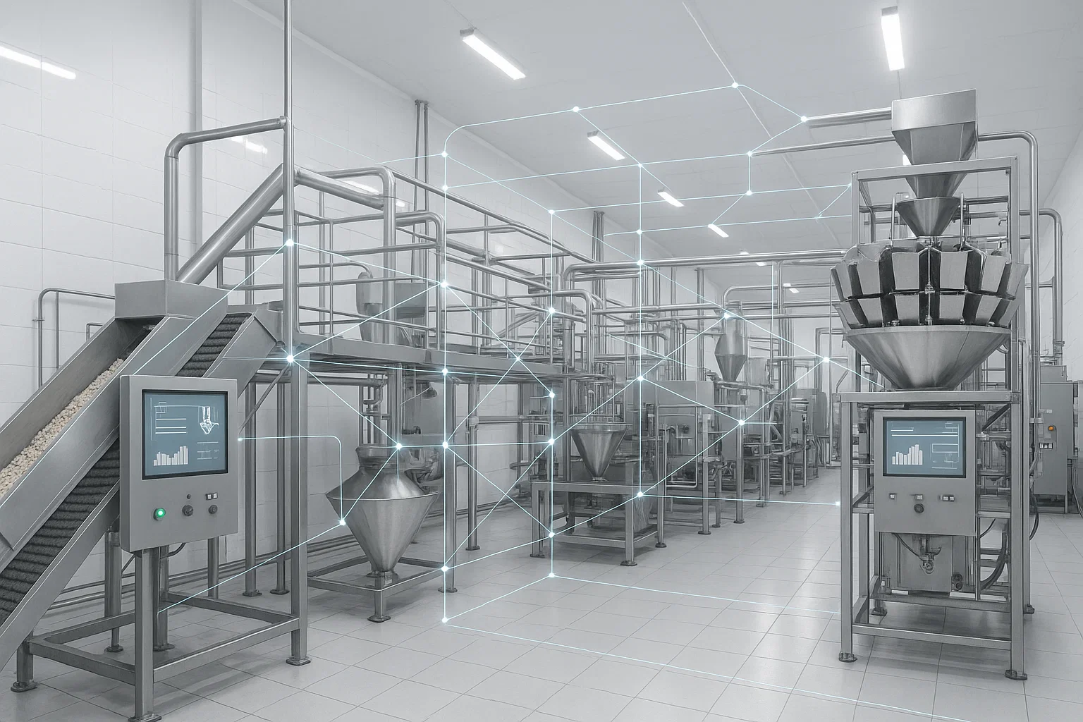 Interconnected production machines communicating across a food processing line.