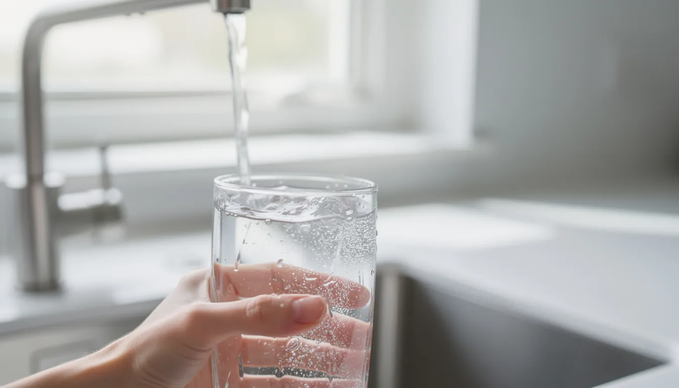 A modern kitchen faucet is shown with clear water flowing into a glass, symbolizing the importance of water quality and effective water treatment systems in homes. This image highlights the benefits of proper filtration systems to ensure clean and safe drinking water, free from harmful substances and contaminants.