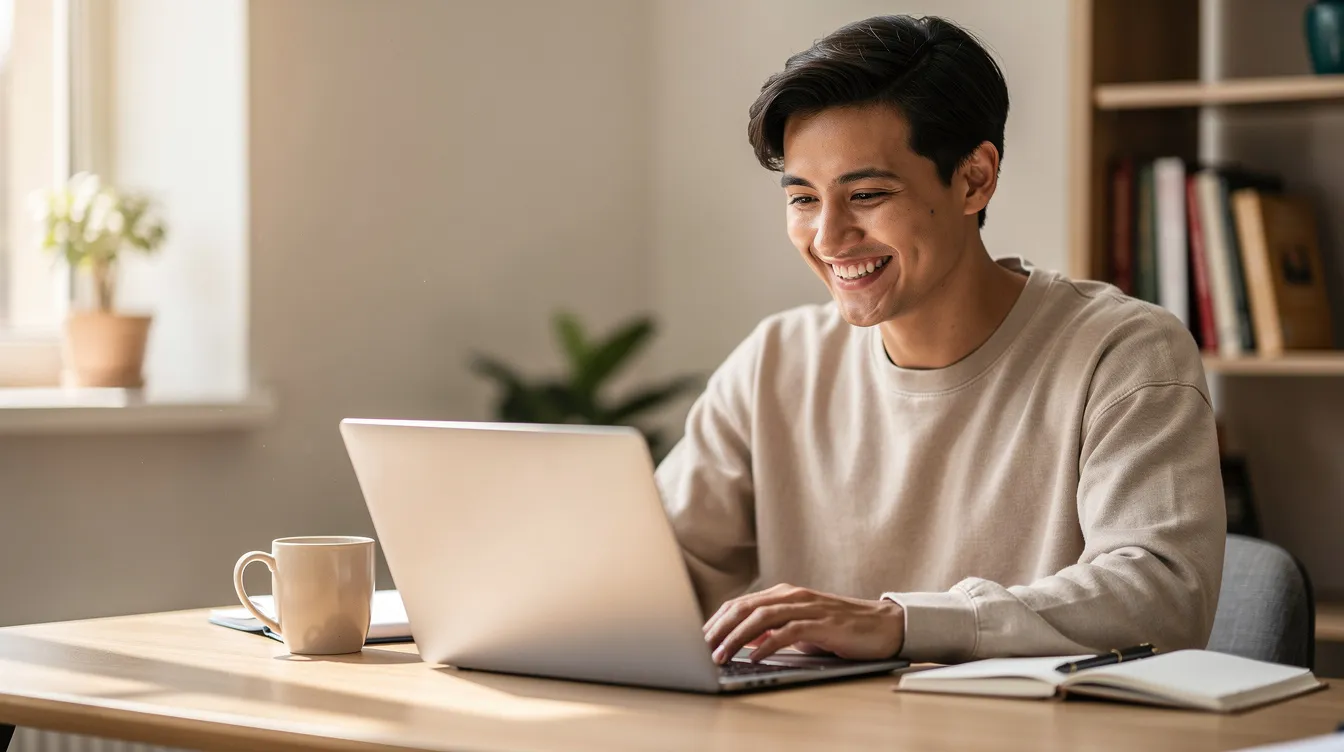 A person is smiling while looking at a laptop screen in a cozy home office, suggesting they are engaged in a positive financial activity, possibly related to the bankruptcy process or credit counseling. The warm atmosphere indicates a sense of relief or optimism about their financial situation.