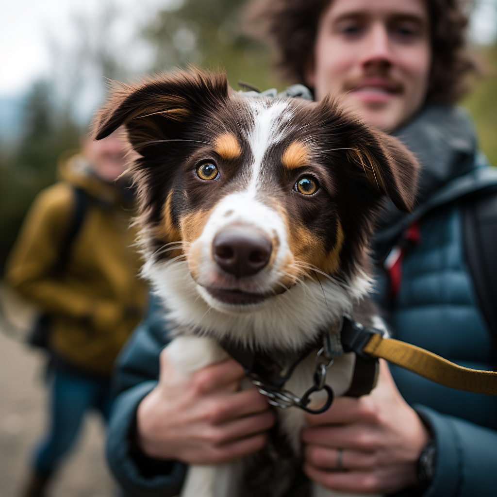 A male dog being held by a dog owner while another dog is in the background