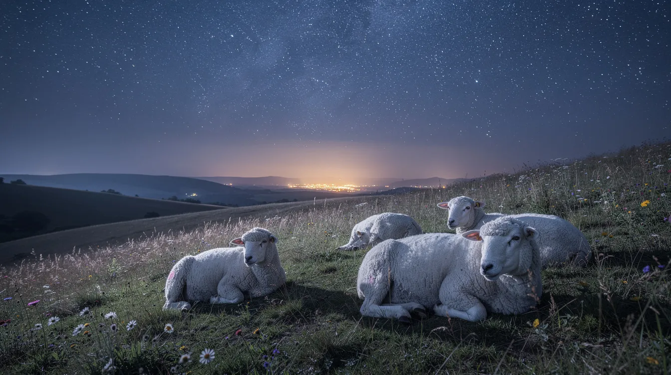 A serene nighttime pastoral scene depicts sheep resting peacefully on a hillside under a starry sky, symbolizing the tranquility of green pastures. This imagery resonates with the biblical motif of the good shepherd, who leads and cares for God's flock, reflecting themes of rest and protection found in scripture.