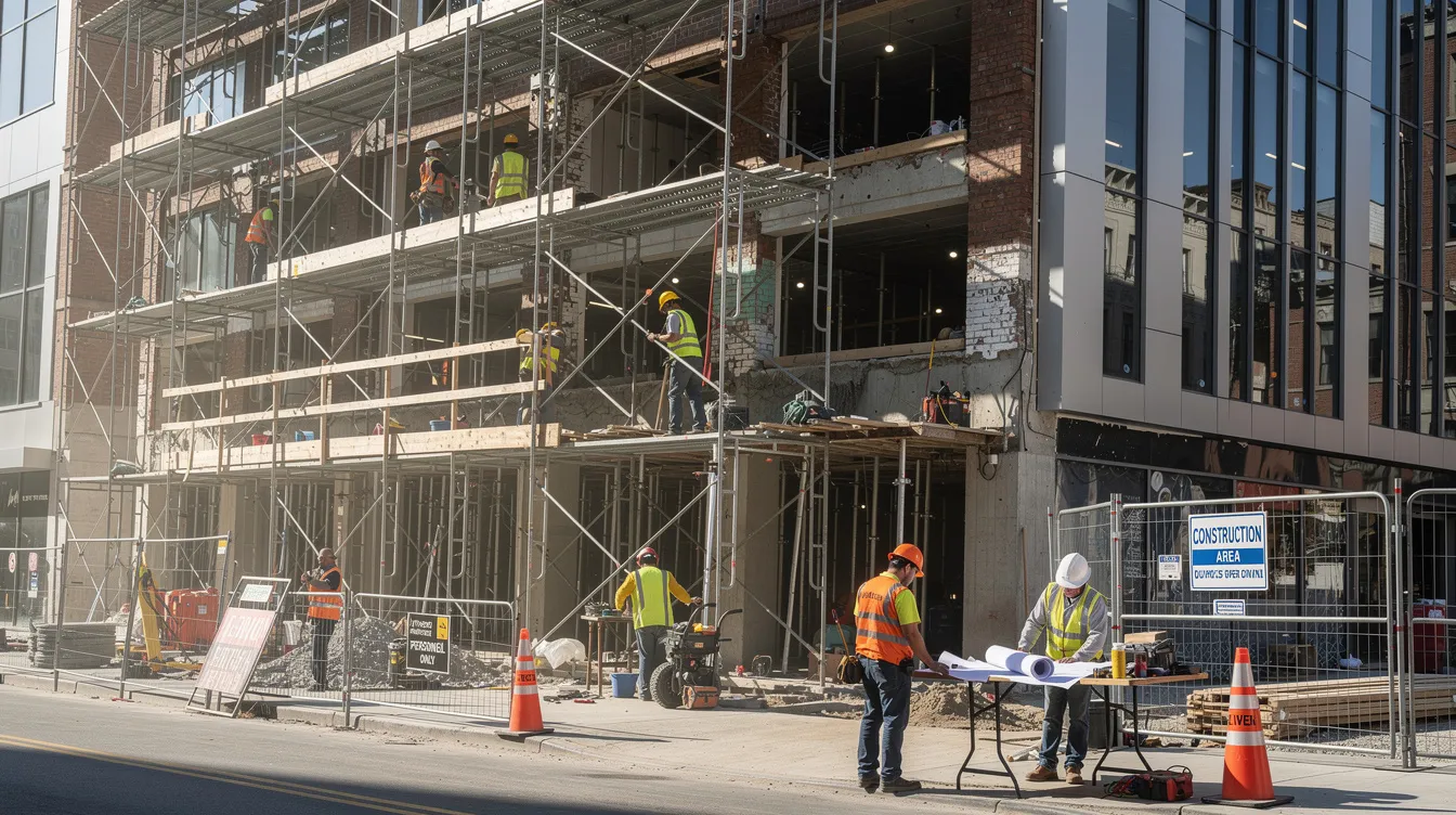 The image depicts a bustling construction site featuring scaffolding and workers wearing hard hats, as they renovate a partially completed commercial building. This scene highlights the importance of commercial real estate financing and the role of construction loans in supporting business growth and development.