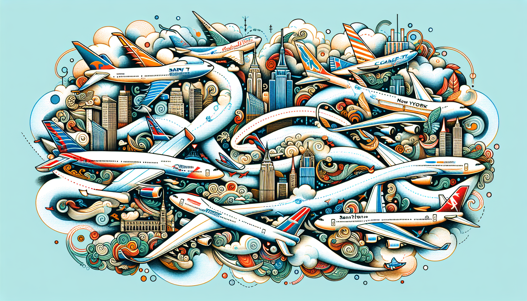 Illustration of popular airlines operating flights from NYC to San Francisco.