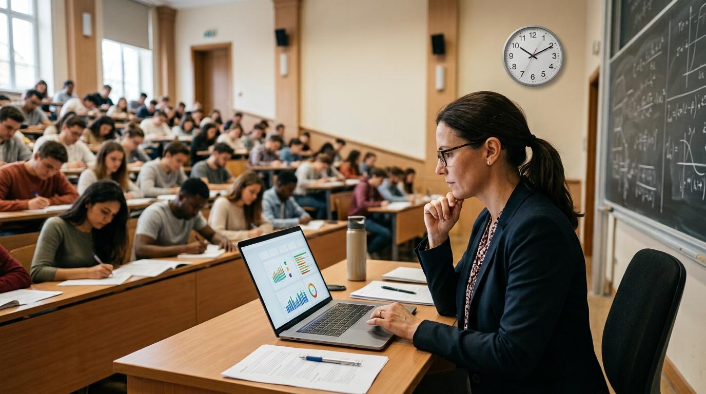 University instructor reviewing AI-assisted grading results on a laptop while a clock subtly symbolizes faster assessment.