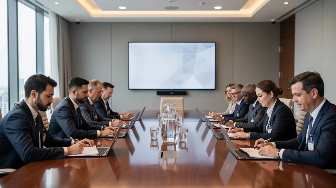 A group of delegates is seated in a formal conference room, each equipped with notebooks and laptops, engaged in a discussion that could involve drafting an academic position paper. The atmosphere suggests a focus on collaboration and the exchange of ideas, likely addressing relevant evidence and proposed solutions on various subjects.