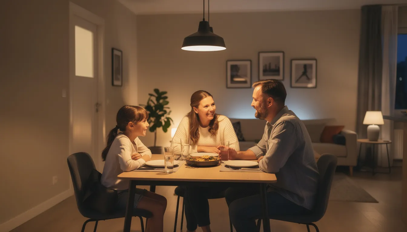 A family of four is gathered around a compact rectangular dining table in a cozy dining area, illuminated by warm pendant lighting. The solid wood frame of the table complements the stylish dining chairs, creating an inviting space for meals and conversation.