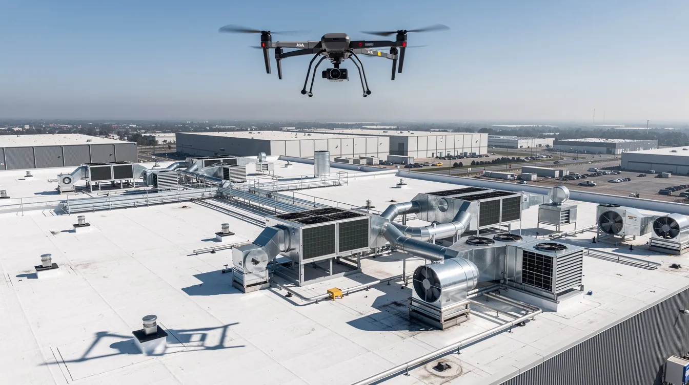 A commercial drone equipped with advanced sensors hovers above a large flat industrial rooftop, capturing high-resolution images of visible HVAC equipment below. This drone roof inspection provides precise data for identifying potential roof defects and enhances safety during infrastructure inspections.