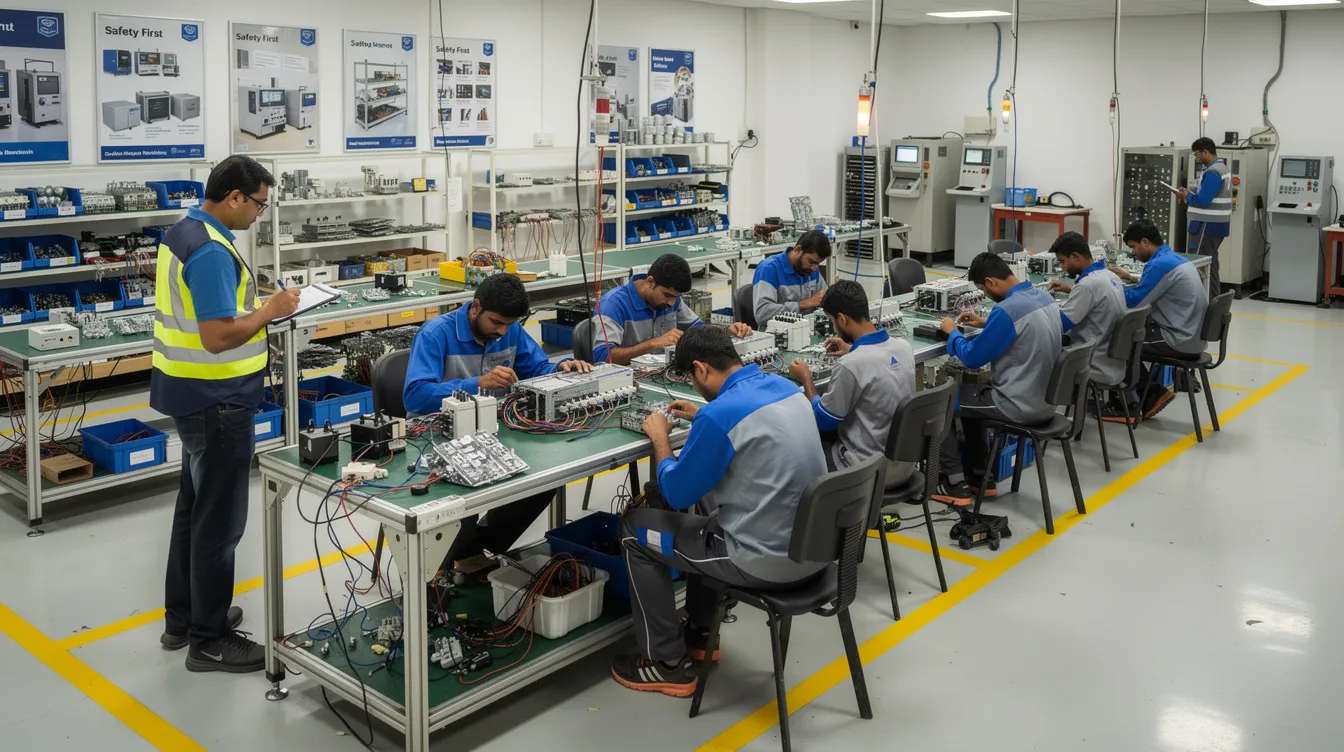 b3ea9381 14fc 4916 b6c6 fc73e5a7065d The image depicts a bustling Indian electrical products manufacturing workshop, where workers are actively assembling various electrical components on a production line. This scene highlights the intricate processes involved in the manufacturing electrical business, showcasing both the teamwork of electrical engineers and the diverse range of electrical equipment being produced.