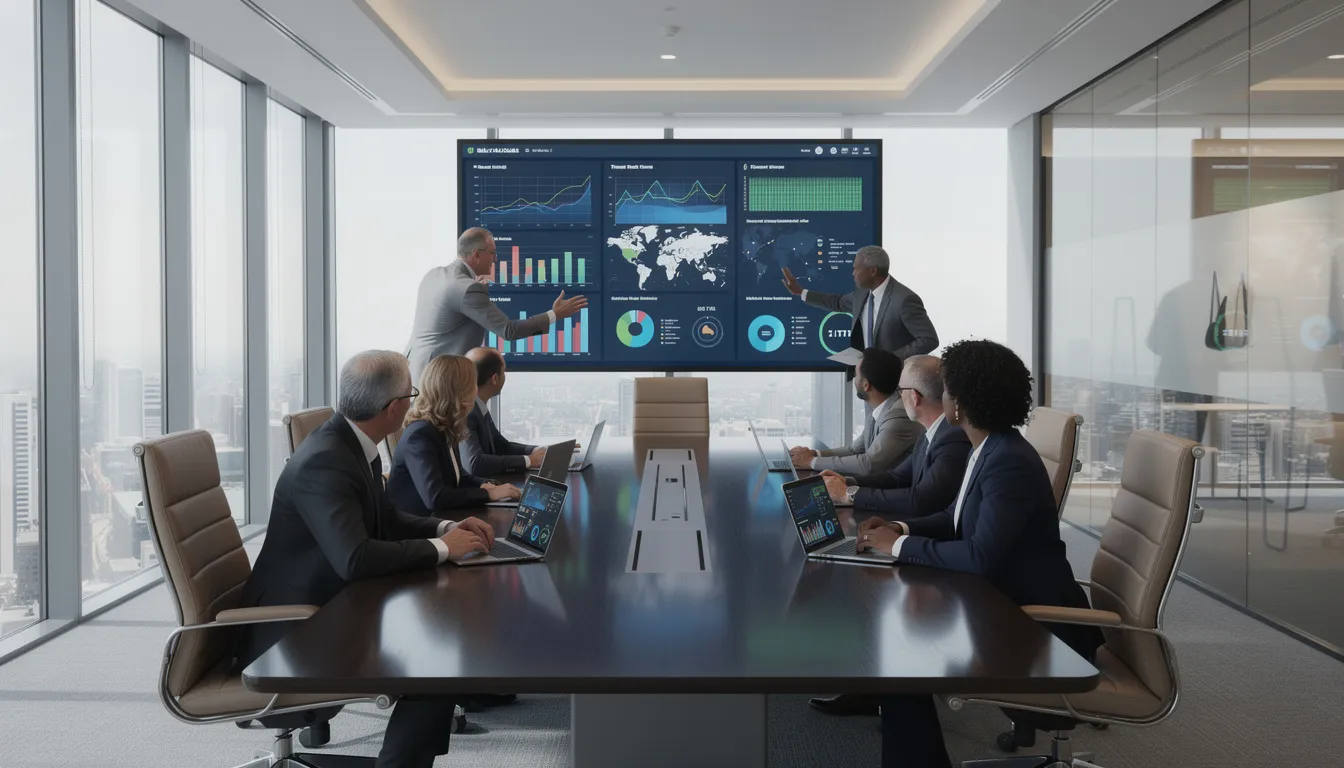 The image depicts a modern corporate boardroom where executives are engaged in reviewing digital dashboards that display key security metrics related to cybersecurity compliance. The focus is on managing cybersecurity risks and ensuring the protection of sensitive data through effective security measures and continuous monitoring.