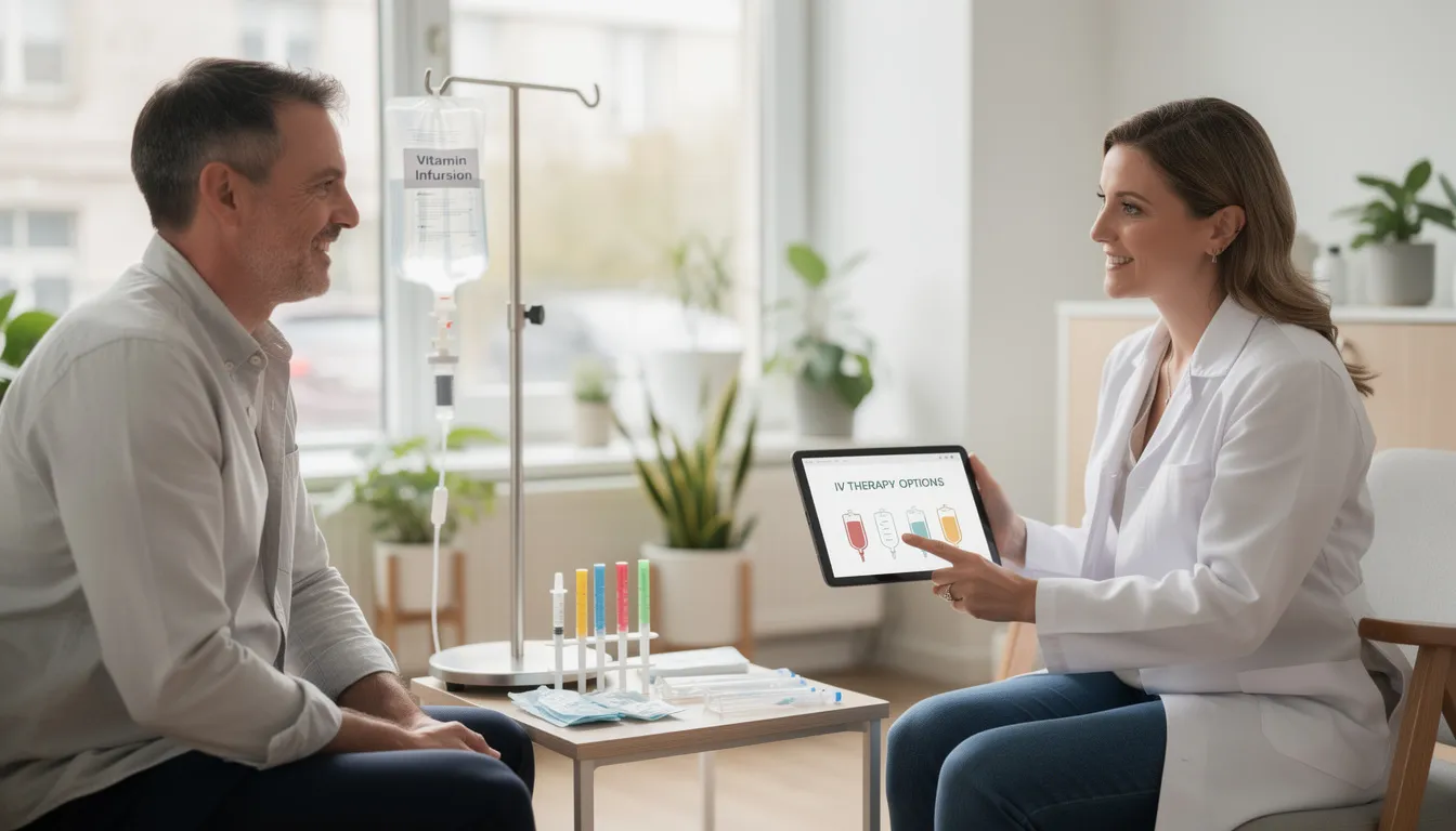 A professional naturopathic doctor is consulting with a patient in a modern clinic, discussing various IV treatment options for optimal health. The setting reflects a focus on intravenous therapy, highlighting the benefits of delivering essential vitamins and nutrients directly into the bloodstream for improved wellness.