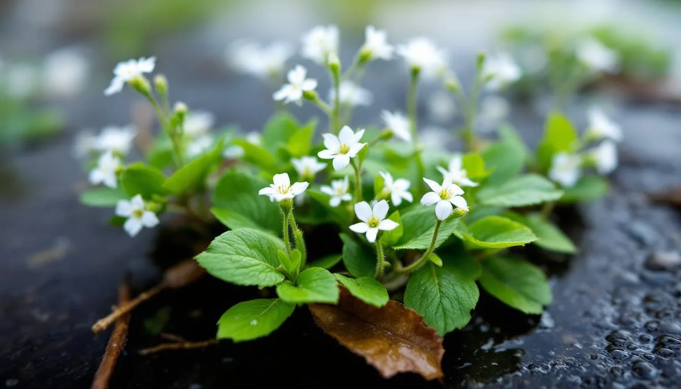 The image showcases the chickweed plant, Stellaria media, with its small white flowers and fresh green leaves, often used in herbal remedies for skin irritation and inflammation. This plant is known for its potential health benefits, including soothing effects on itchy skin and aiding in the treatment of wounds and rashes.