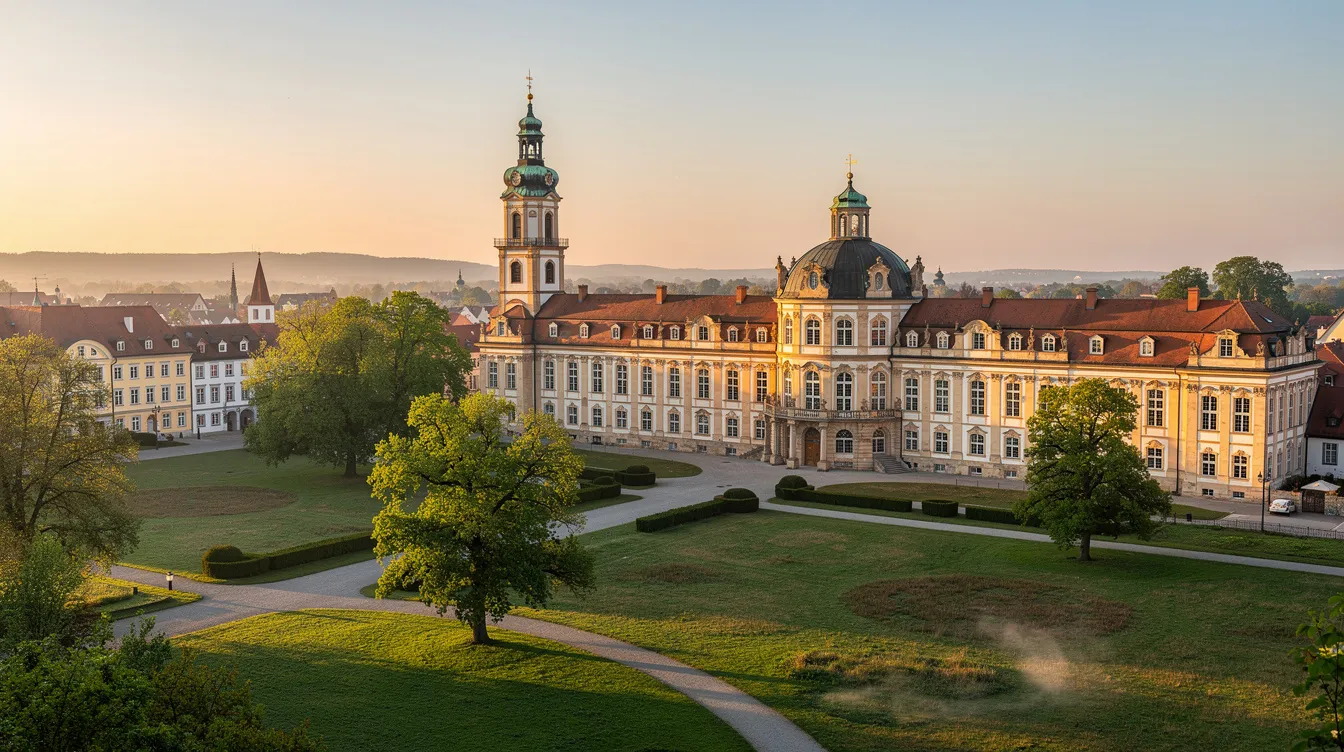 Ein Panoramablick über eine barocke deutsche Kleinstadt zeigt das majestätische Schloss, den hohen Kirchturm der Altstädter Kirche und weitläufige grüne Parkanlagen, die im sanften Morgenlicht erstrahlen. Diese Sehenswürdigkeiten in Erlangen laden Besucher zu einem Spaziergang durch die malerische Altstadt und den Schlossgarten ein.