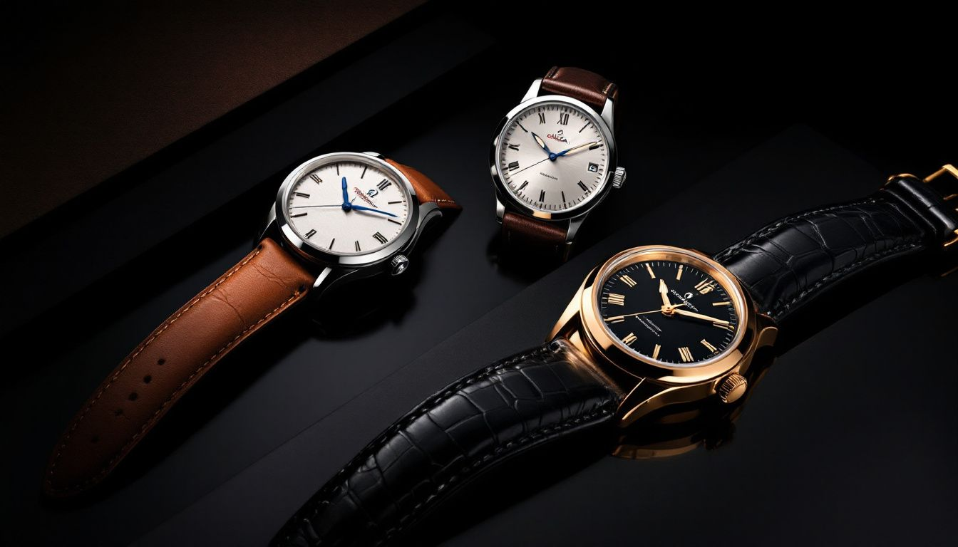 Various top leather strap watch brands displayed together.