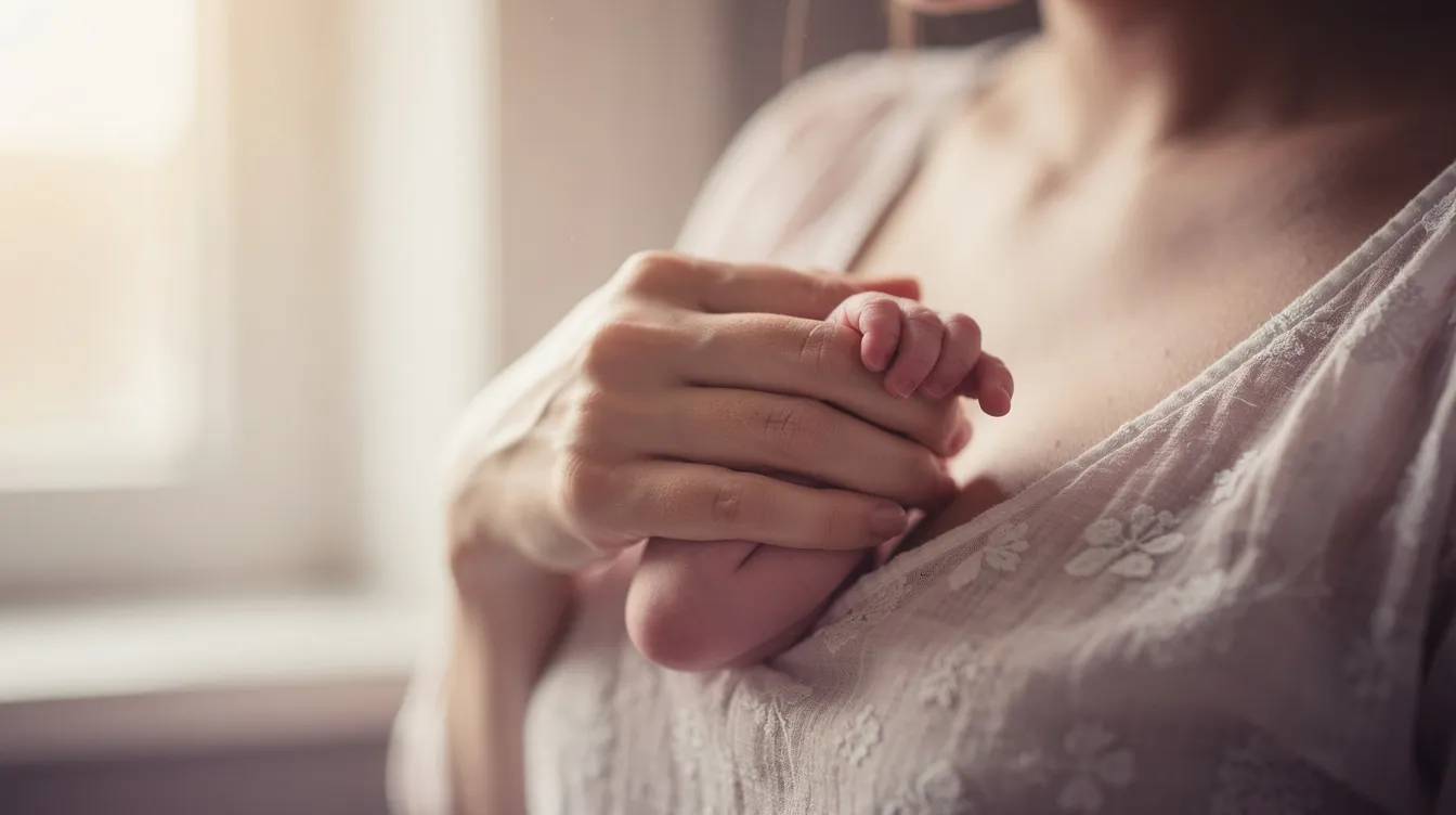 A close-up image of a mother gently holding her newborn's tiny hand near her chest, symbolizing the nurturing bond during breastfeeding. This intimate moment highlights the mother's ability to breastfeed, possibly after undergoing inverted nipple surgery, showcasing the connection between mother and baby.