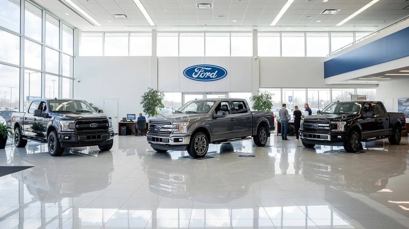The image depicts a Ford dealership showroom featuring a variety of trucks and SUVs on display, showcasing the full lineup of Ford vehicles including popular models like the F-150 and other light-duty trucks. Customers can explore both new and pre-owned vehicles in a spacious and inviting environment designed for easy browsing and test drives.