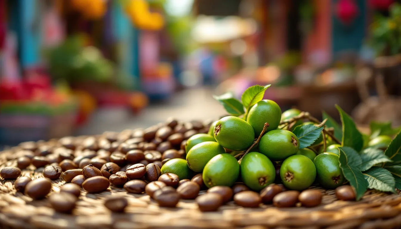 A close-up of peruvian coffee beans showcasing their unique characteristics.