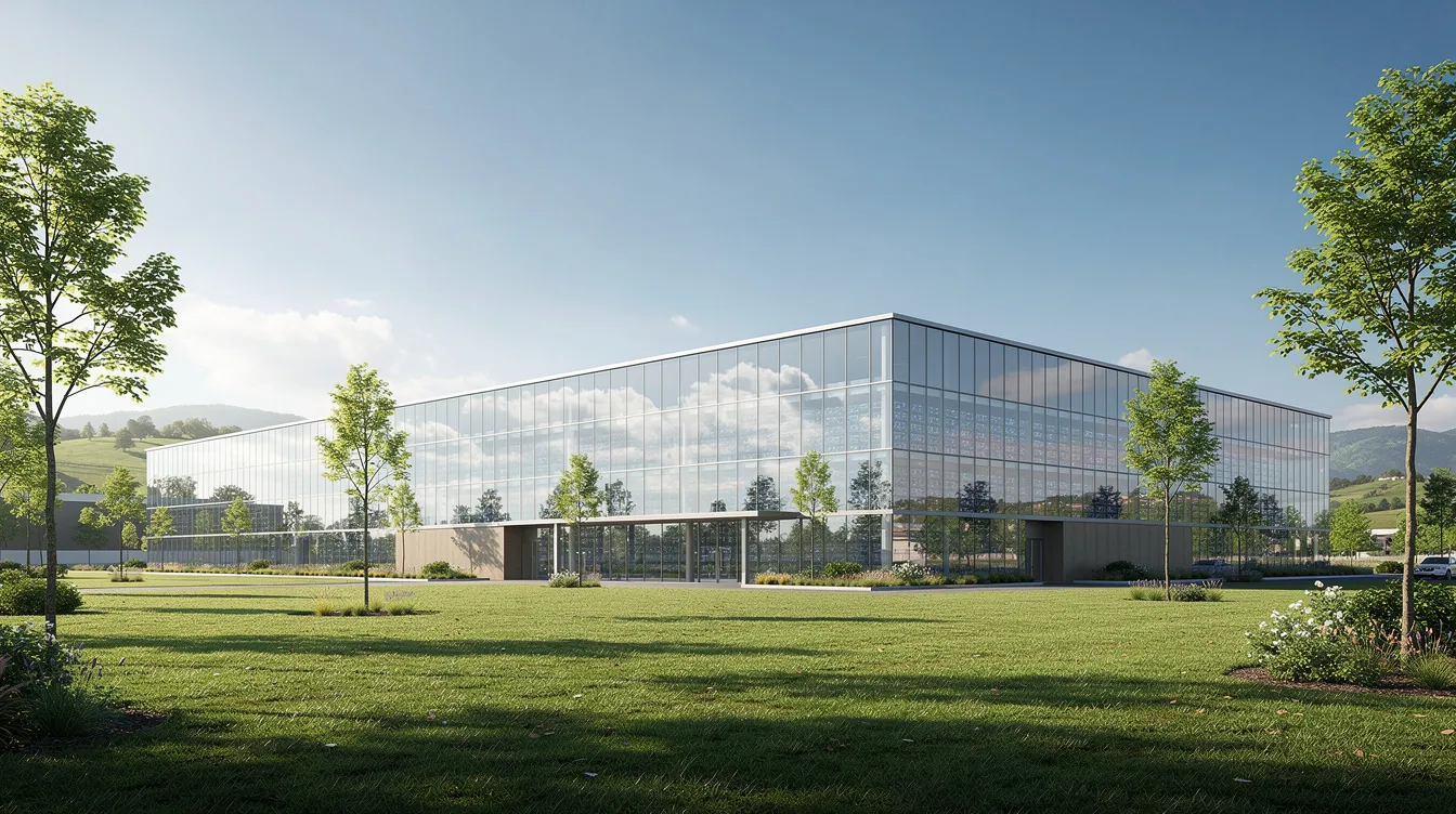 Das Bild zeigt ein modernes Rechenzentrumsgebäude mit einer eleganten Glasfassade, das bei Tageslicht strahlt und von einer grünen Landschaft umgeben ist. Diese Architektur symbolisiert die fortschrittliche Cloud-Infrastruktur und die technologischen Lösungen, die Unternehmen wie IONOS anbieten.