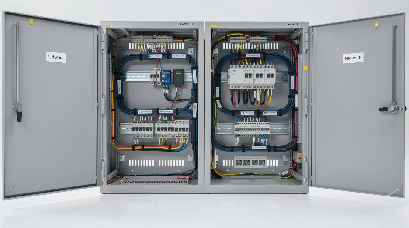 The image shows the interior of a secure smart locker bay, featuring an organized layout with neatly arranged cables and various power options including USB C ports and AC outlets. This setup is designed for users to efficiently charge multiple devices, ensuring safety and fast charging capabilities with surge protection.