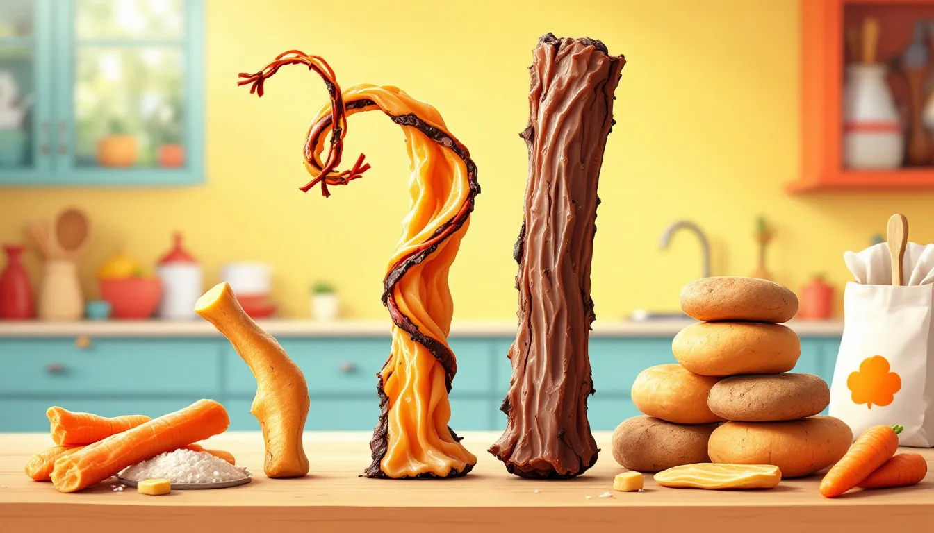 A selection of bully sticks and natural chews for dogs, illustrating their shapes and sizes.