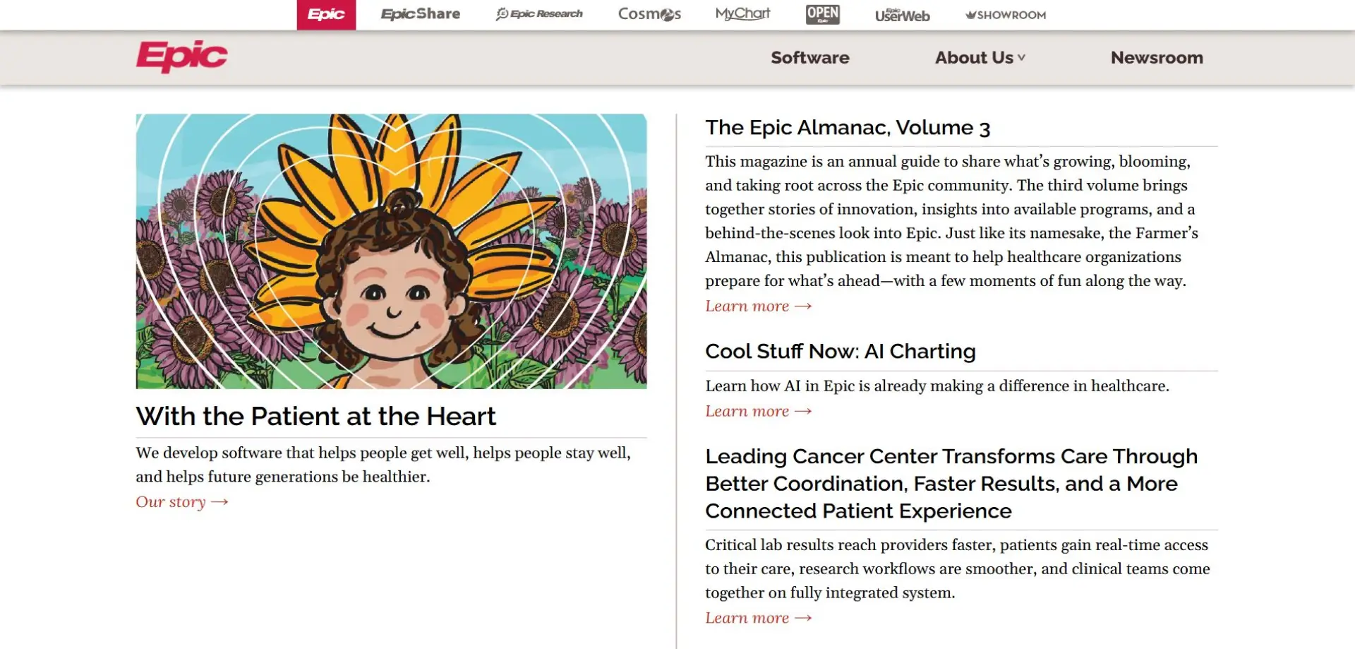 Homepage of Epic website
