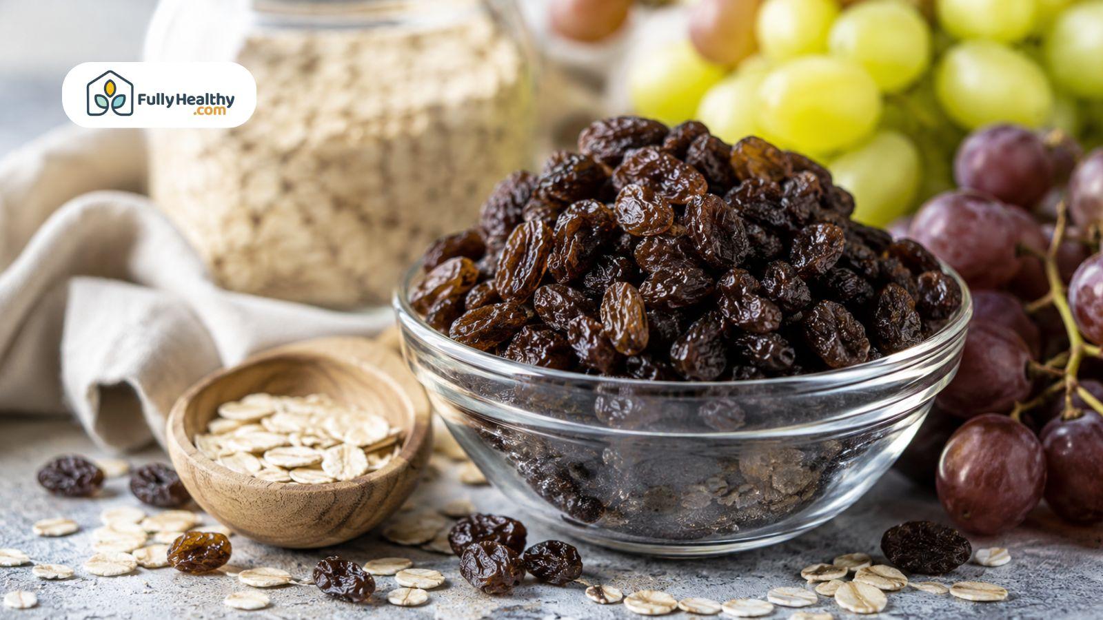 Close-up of raisins with oats and grapes in natural daylight for digestive health concept.