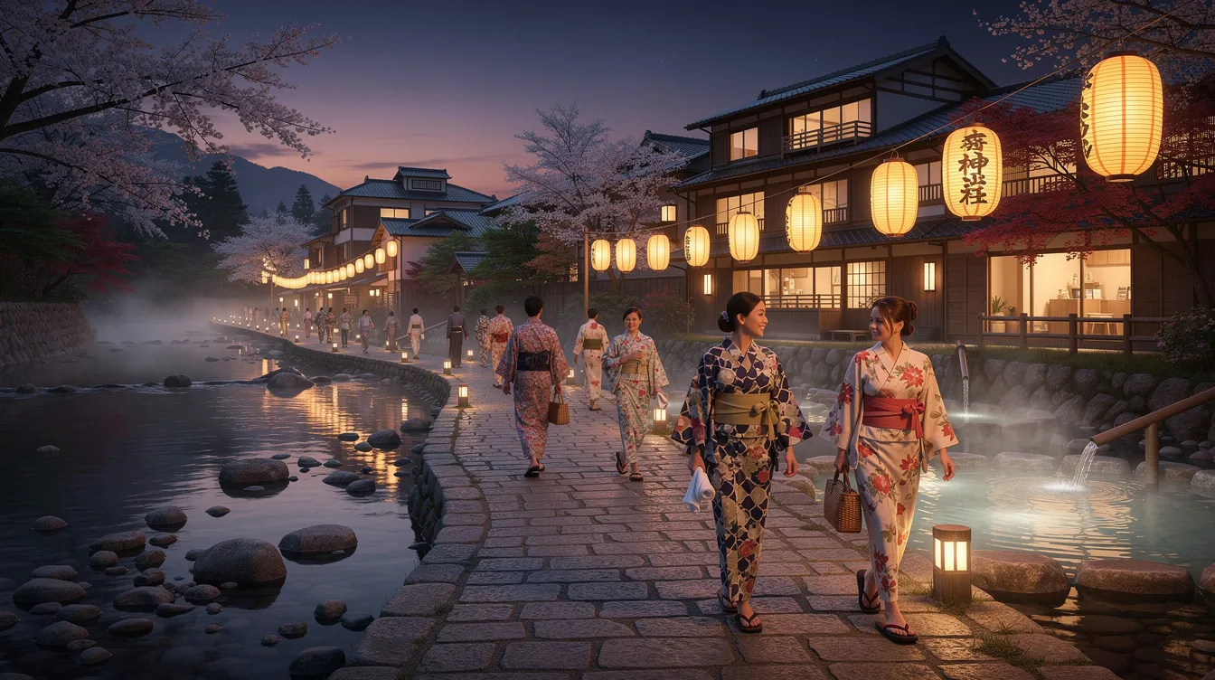 Guests are leisurely walking along a lantern-lit riverside path in a charming Japanese hot spring town at twilight, dressed in colorful yukata and wooden geta sandals, embodying traditional Japanese culture. The serene atmosphere enhances their ryokan stay experience, as they enjoy the beauty of the onsen town.