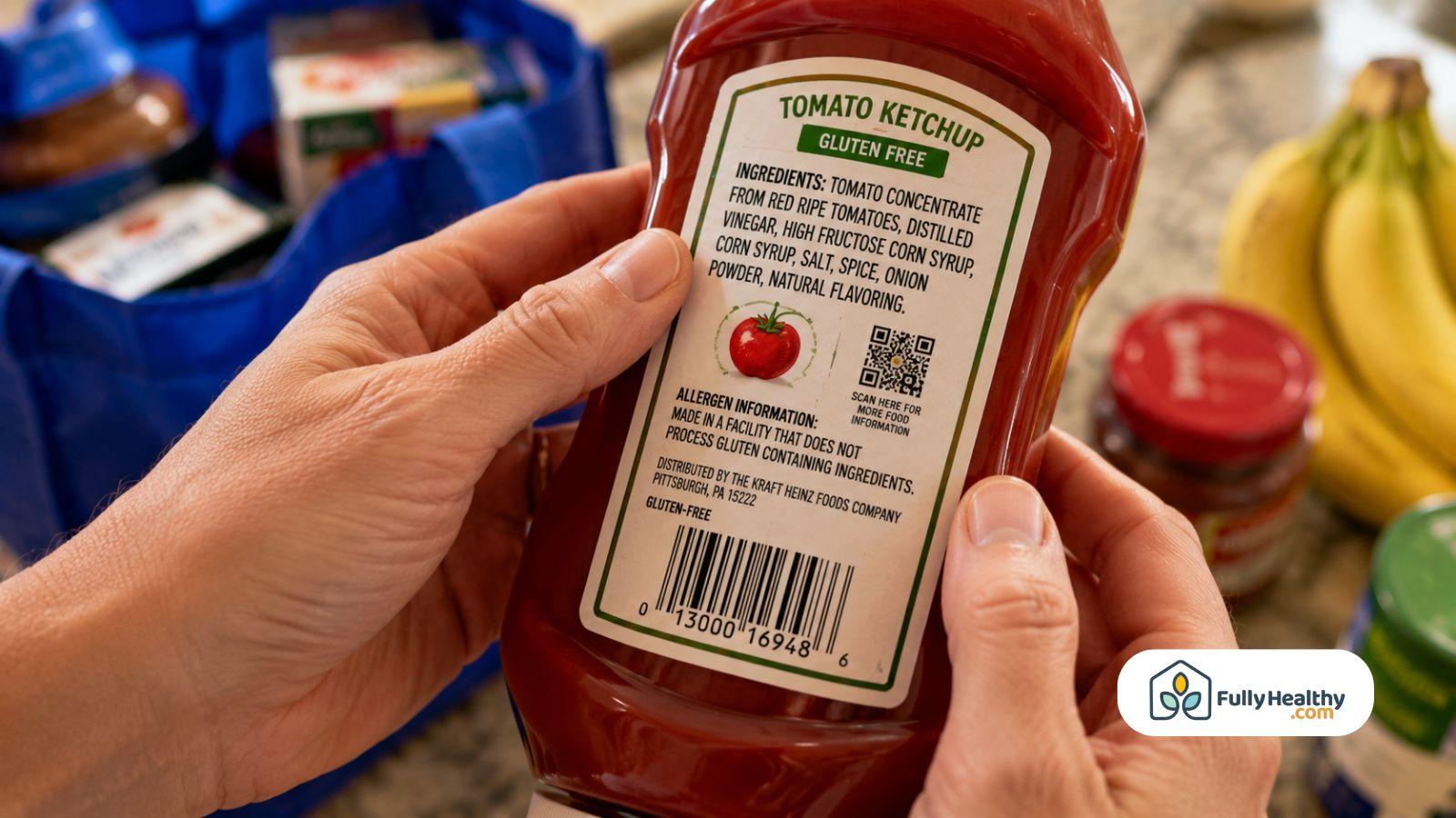 Reading gluten-free ketchup ingredients label while checking allergen information