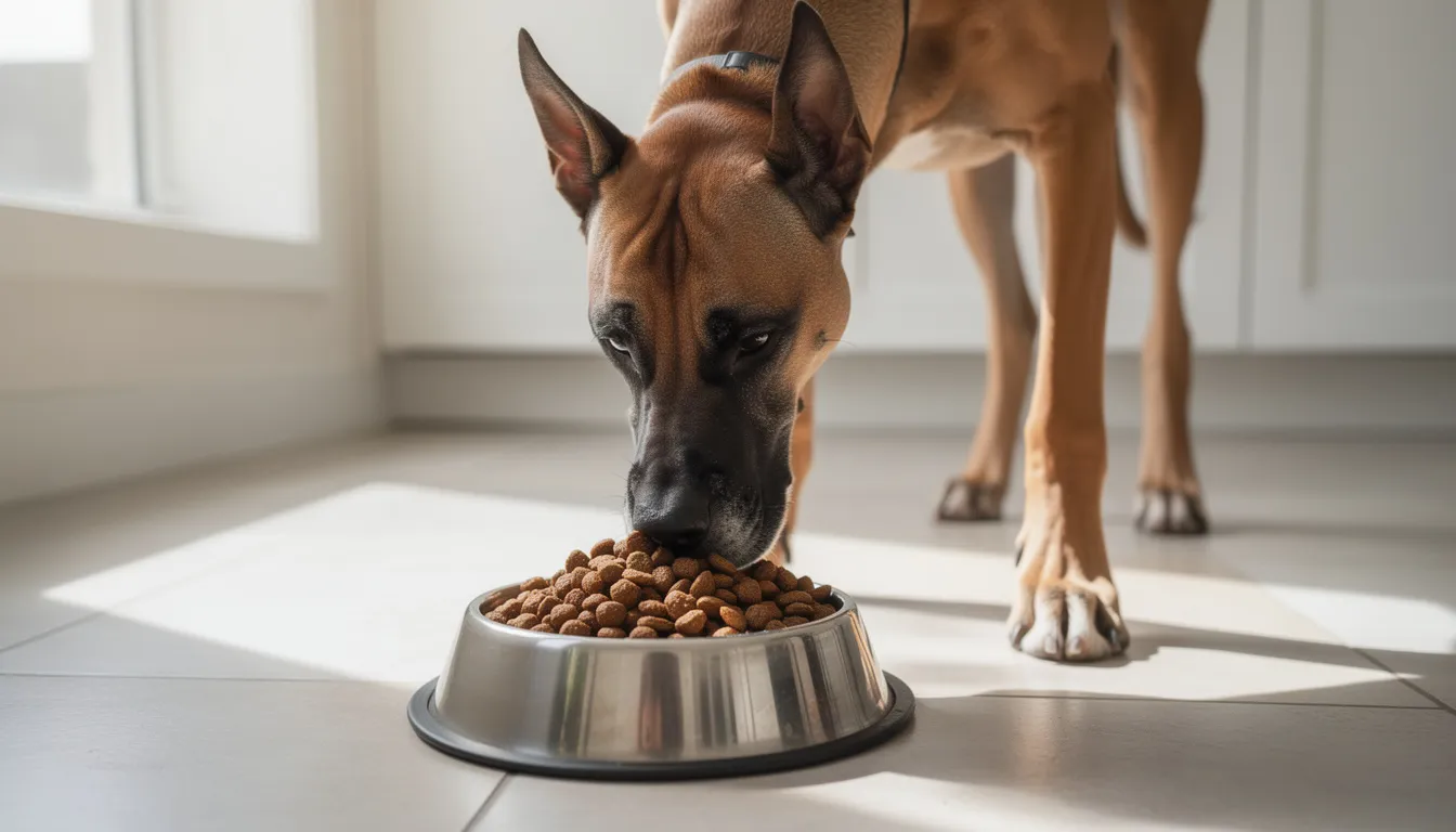A great dane, known as a gentle giant, is enjoying high-quality kibble from a large dog bowl, showcasing its smooth coat and impressive stature. This scene captures the essence of caring for giant breed dogs, emphasizing the importance of a proper diet for their health and well-being.