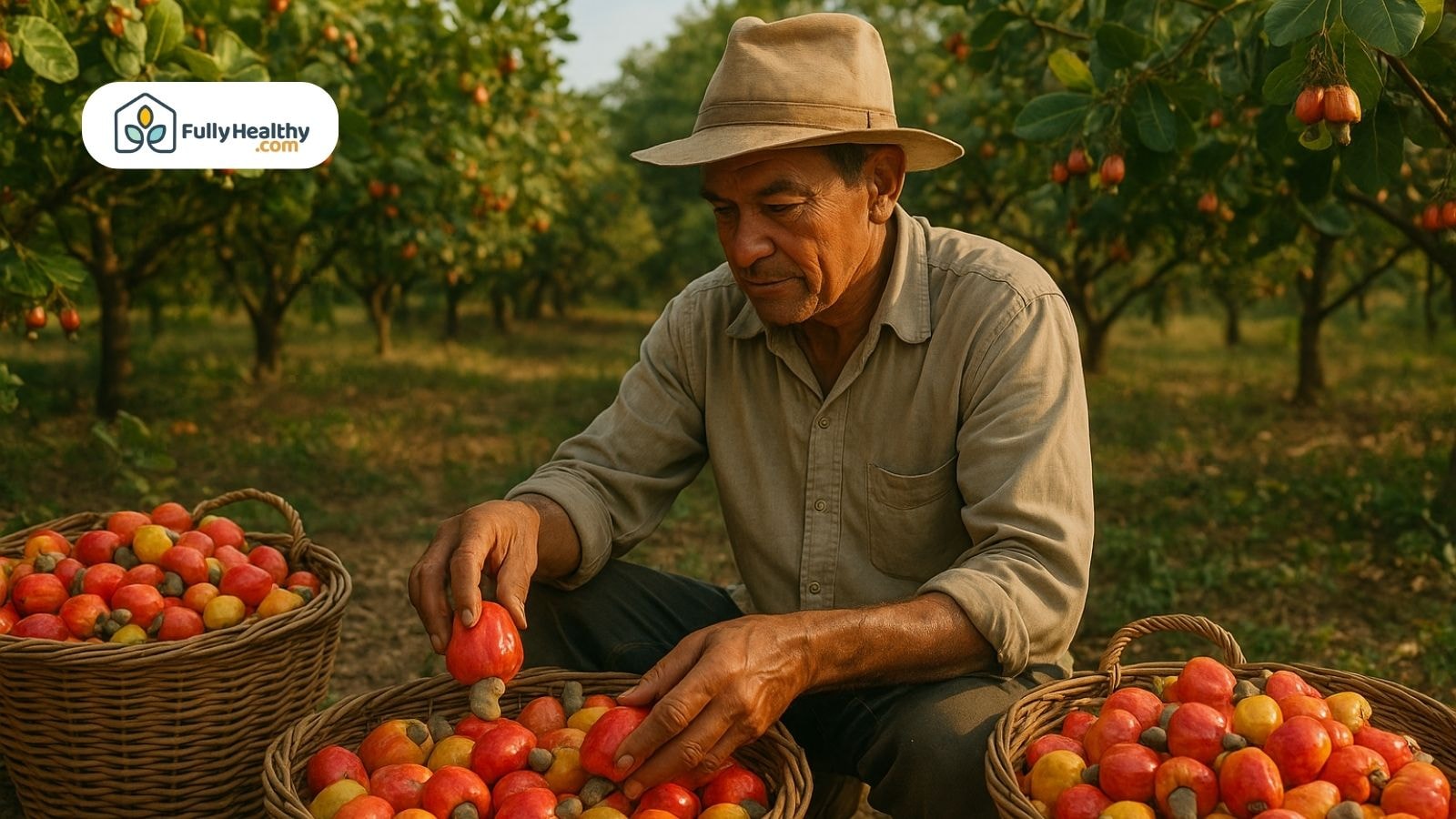 Farmer sorting freshly harvested cashew apples in woven baskets