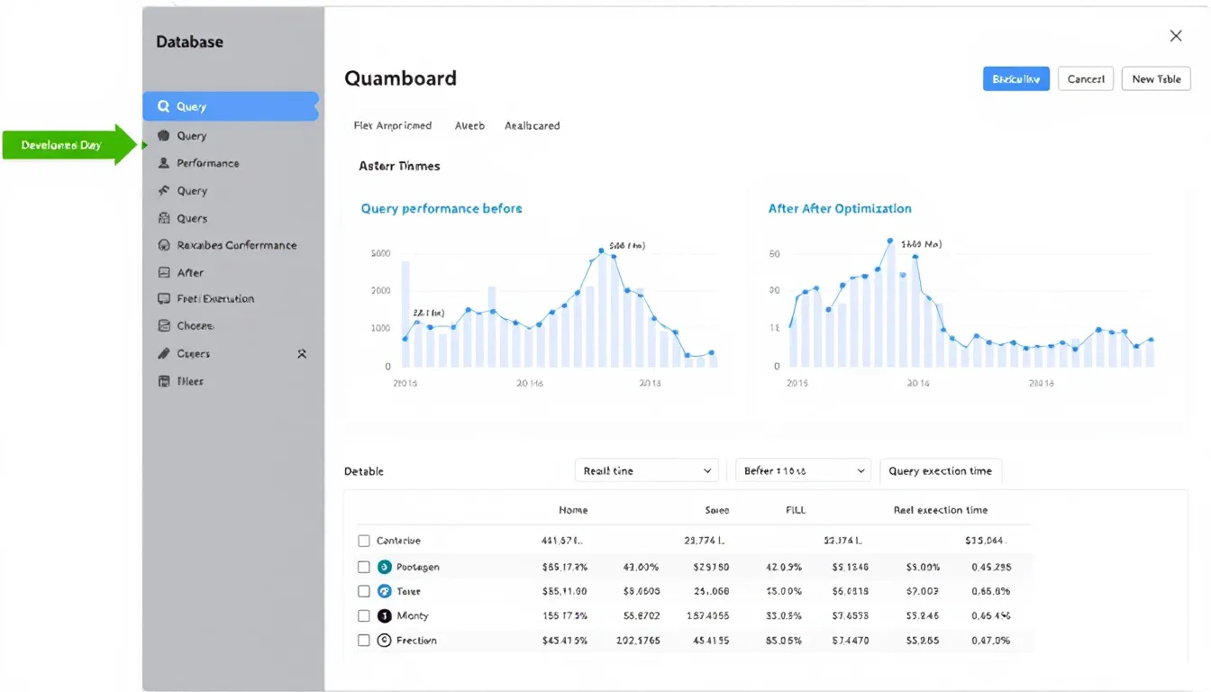 The image depicts a database optimization interface showcasing improvements in query performance, highlighting metrics that reflect enhanced site speed for a WooCommerce store. It emphasizes the importance of optimizing database queries and server resources to boost the overall performance of a WordPress website.