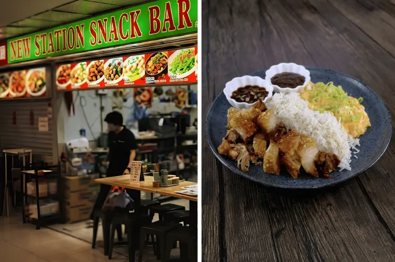 A side-by-side photo showing the glowing green storefront of New Station Snack Bar on the left, and a close-up of a plated meal with white rice, crispy roasted meat, scrambled eggs, and dark dipping sauces on the right.