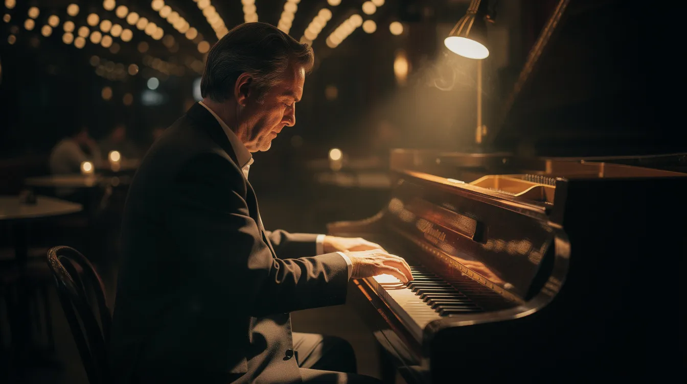 Ein Mann in einem eleganten Anzug sitzt allein an einem Klavier in einem halbdunklen Jazzclub, während warmes Licht sanft auf die Tasten fällt. Die Atmosphäre erinnert an einen Musikfilm, in dem die Leidenschaft für Jazz und die Träume der Protagonisten im Mittelpunkt stehen.
