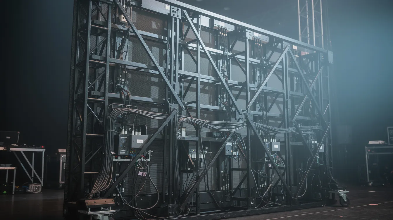 The image shows the rear view of a large LED video wall on a stage, highlighting the metal support frames and bracing structure essential for safely hanging the LED panels. The setup includes ground supported walls and rigging points that ensure the stability and security of the installation during events.