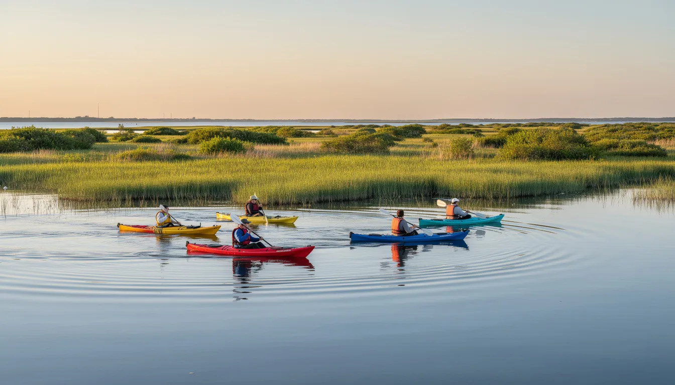 A group of kayakers gracefully paddles through the calm waters of Long Island Sound, with lush marsh grass lining the serene coastline in the background, showcasing the natural beauty and coastal charm of Connecticut's shoreline. The scene captures the essence of outdoor activities and waterfront living, perfect for summer adventures in this picturesque coastal community.