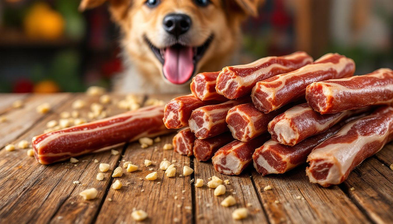 A variety of bully sticks displayed on a table.