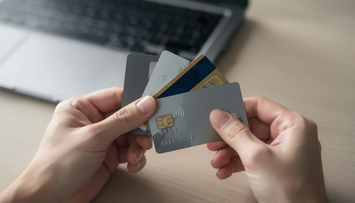 Två händer håller kreditkort nära ett laptop-tangentbord, vilket antyder en online betalning eller registrering hos ett supersnabbt casino. Bilden förmedlar en känsla av enkelhet och snabbhet i processen för nya spelare som vill ta del av bonusar och erbjudanden.