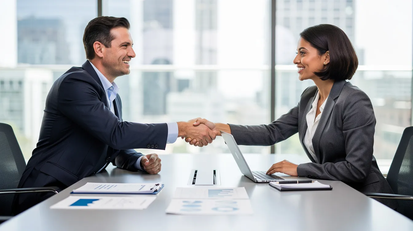 Two business professionals are shaking hands across a table, which is covered with documents and a laptop, symbolizing a successful agreement in private money lending for real estate investments. The scene conveys a sense of professionalism and collaboration in the financial sector.